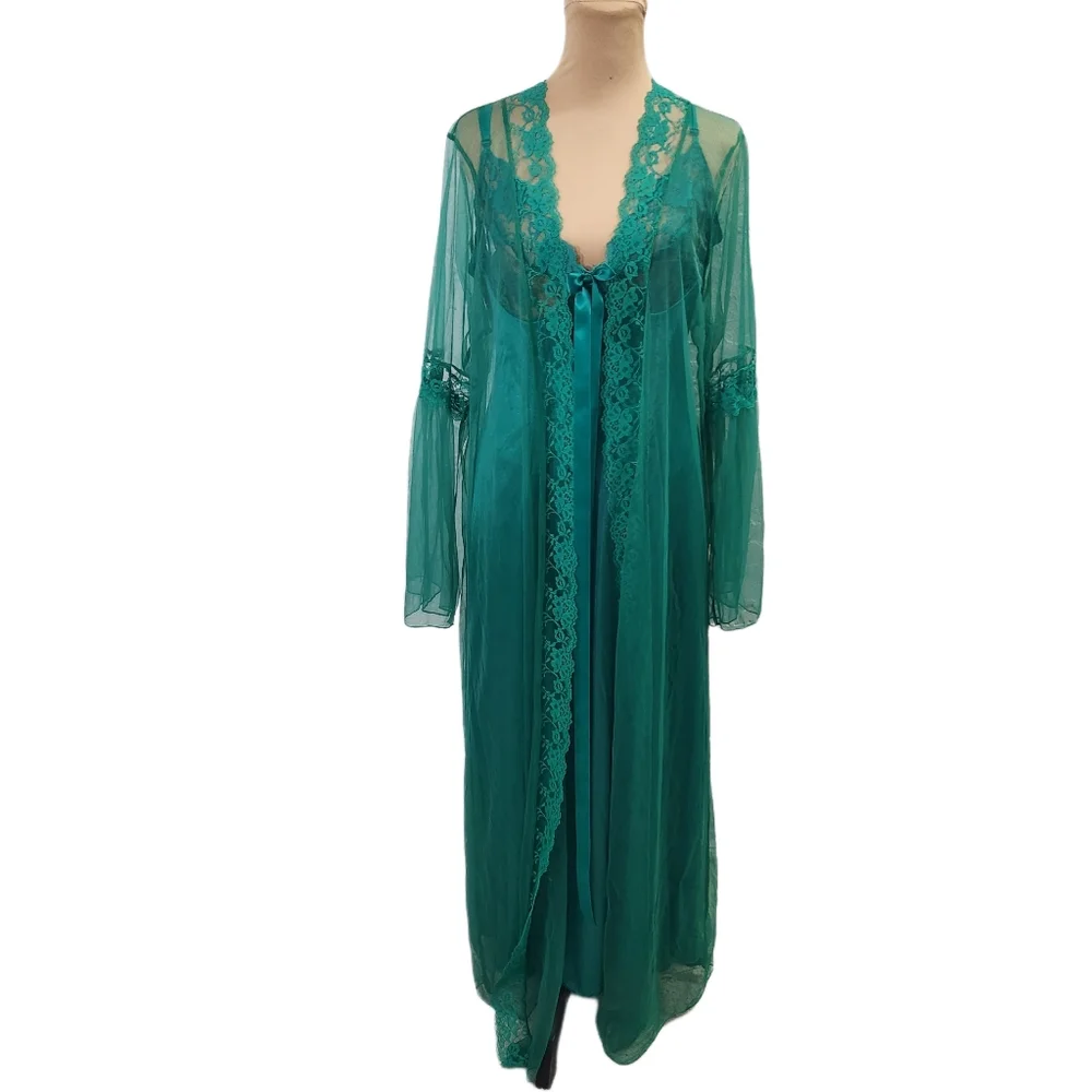 Vintage Teal Slip and Sheer Robe Set - Picture 3 of 15